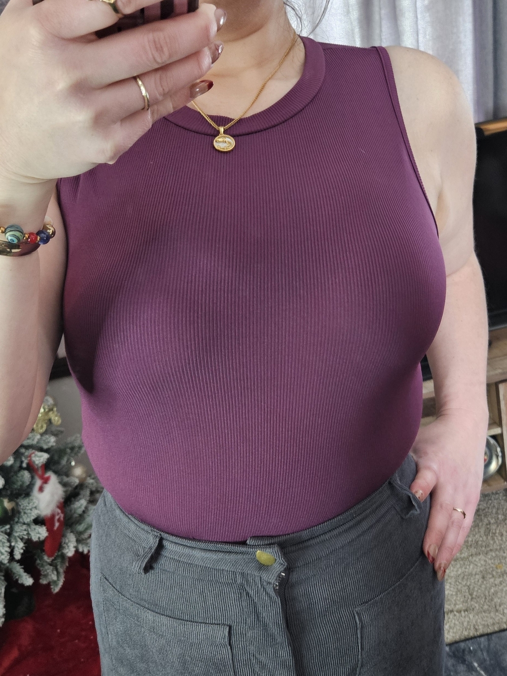 Sleeveless Ribbed Tank Bodysuit Top in Deep Plum
